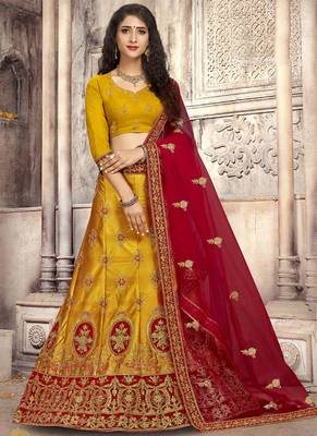 Yellow Plain Satin Unstitched Lehenga 1