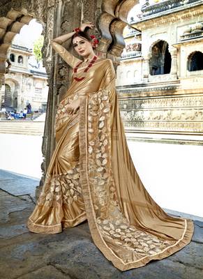 Gold embroidered fancy fabric saree with blouse 1
