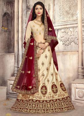 Cream Plain Satin Unstitched Lehenga 1