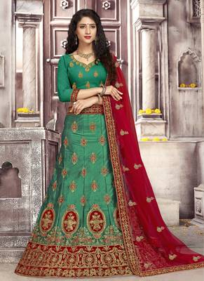 Green Plain Satin Unstitched Lehenga 1