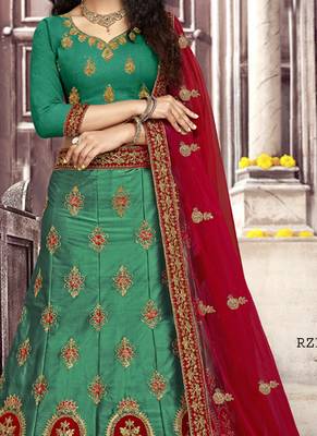 Green Plain Satin Unstitched Lehenga 2