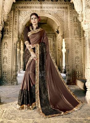   chocolate embroidered fancy fabric saree with blouse 1