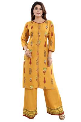 Mustard printed rayon kurtas-and-kurtis 3