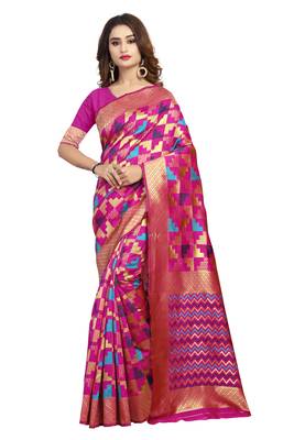 Pink hand woven silk blend saree with blouse 1