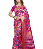 Pink hand woven silk blend saree with blouse