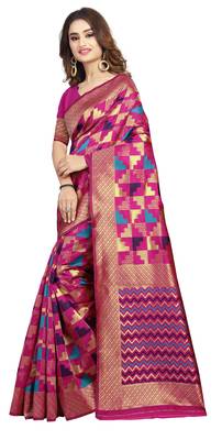 Pink hand woven silk blend saree with blouse 3