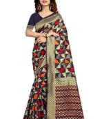 Black hand woven silk blend saree with blouse