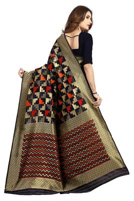 Black hand woven silk blend saree with blouse 2