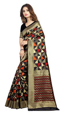Black hand woven silk blend saree with blouse 3