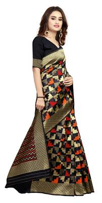 Black hand woven silk blend saree with blouse 4