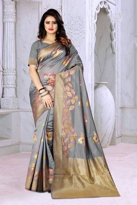 Grey Woven Banarasi Silk Saree With Blouse 1