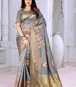 Grey Woven Banarasi Silk Saree With Blouse