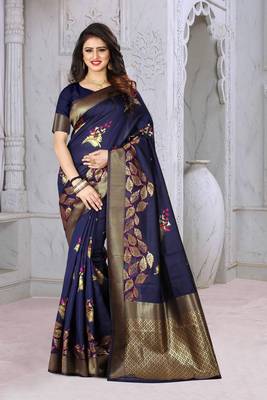 Blue Woven Banarasi Silk Saree With Blouse 4