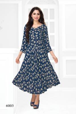 Dark-blue printed rayon long-kurtis 1