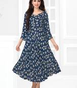 Dark-blue printed rayon long-kurtis