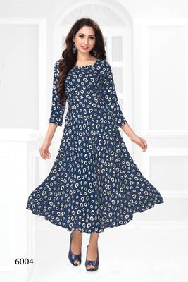 Dark-blue printed rayon long-kurtis 1