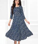 Dark-blue printed rayon long-kurtis