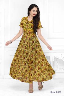 Yellow printed rayon long-kurtis 1