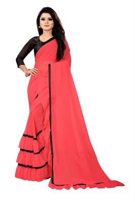 Pink plain georgette saree with blouse 1