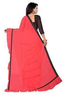 Pink plain georgette saree with blouse 2
