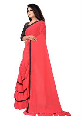 Pink plain georgette saree with blouse 3