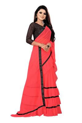 Pink plain georgette saree with blouse 4