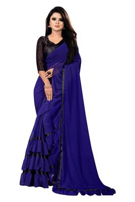 Navy blue plain georgette saree with blouse 1