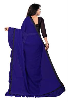 Navy blue plain georgette saree with blouse 2