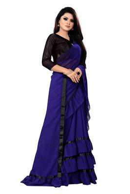 Navy blue plain georgette saree with blouse 4