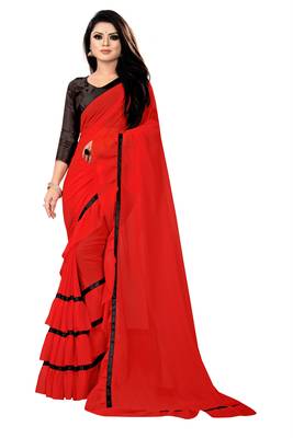 Red plain georgette saree with blouse 1