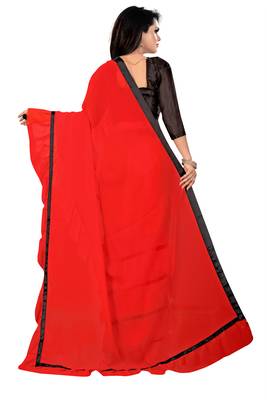 Red plain georgette saree with blouse 2