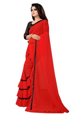 Red plain georgette saree with blouse 3