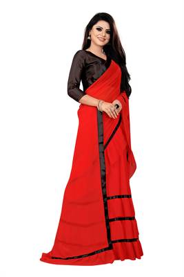 Red plain georgette saree with blouse 4