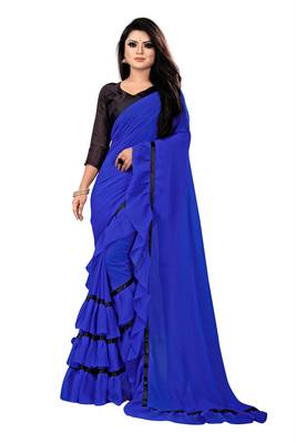 Royal blue plain georgette saree with blouse 1