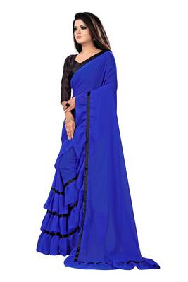 Royal blue plain georgette saree with blouse 3