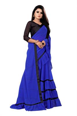 Royal blue plain georgette saree with blouse 4