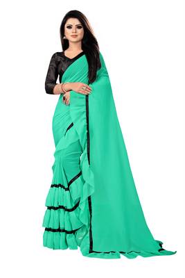 Yellow plain georgette saree with blouse 1