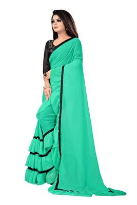 Yellow plain georgette saree with blouse 3