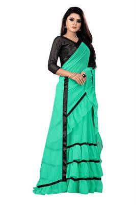 Yellow plain georgette saree with blouse 4