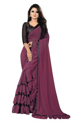 Wine plain georgette saree with blouse 1