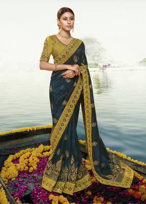 Dark Navy Blue Embroidered Silk Blend Saree With Blouse 1
