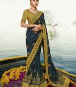 Dark Navy Blue Embroidered Silk Blend Saree With Blouse