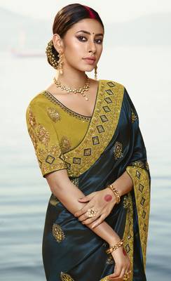 Dark Navy Blue Embroidered Silk Blend Saree With Blouse 2