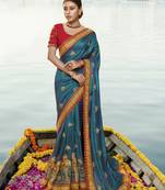 Teal Embroidered Silk Blend Saree With Blouse