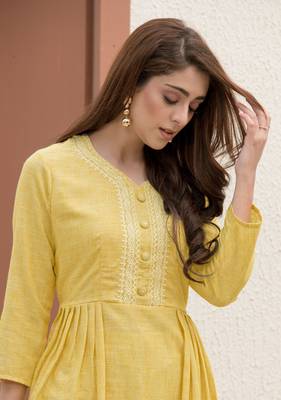 Yellow Embroidered Cotton Silk Ethnic Kurtis 2