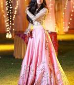Pink embroidered satin semi stitched lehenga