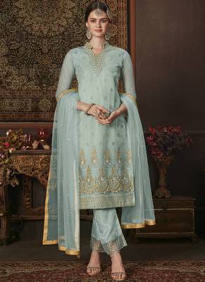 Turquoise Embroidered Net Semi Stitched Salwar With Dupatta 1