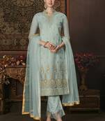 Turquoise Embroidered Net Semi Stitched Salwar With Dupatta