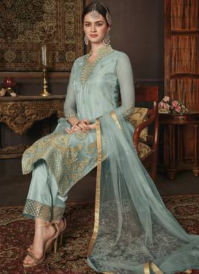 Turquoise Embroidered Net Semi Stitched Salwar With Dupatta 2