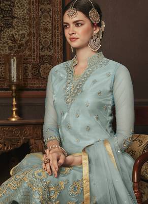 Turquoise Embroidered Net Semi Stitched Salwar With Dupatta 3